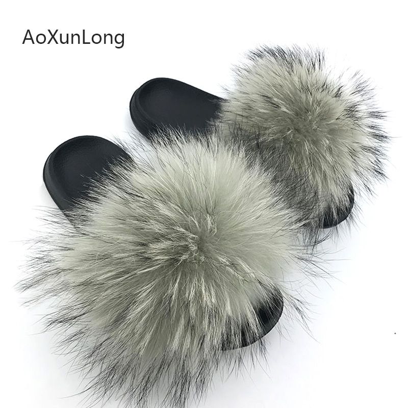 Fox Fur Slippers Slides Shoes Furry Fluffy Slipper Flip Flops Sandals Sliders Drag Sandal,Yellow,7.5