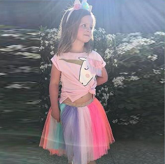 NNJXD Little Girls Unicorn Cotton T-Shirt Rainbow Tutu Skirt Headwear 3Pcs Summer Outfit for Kids 1-7 Years 