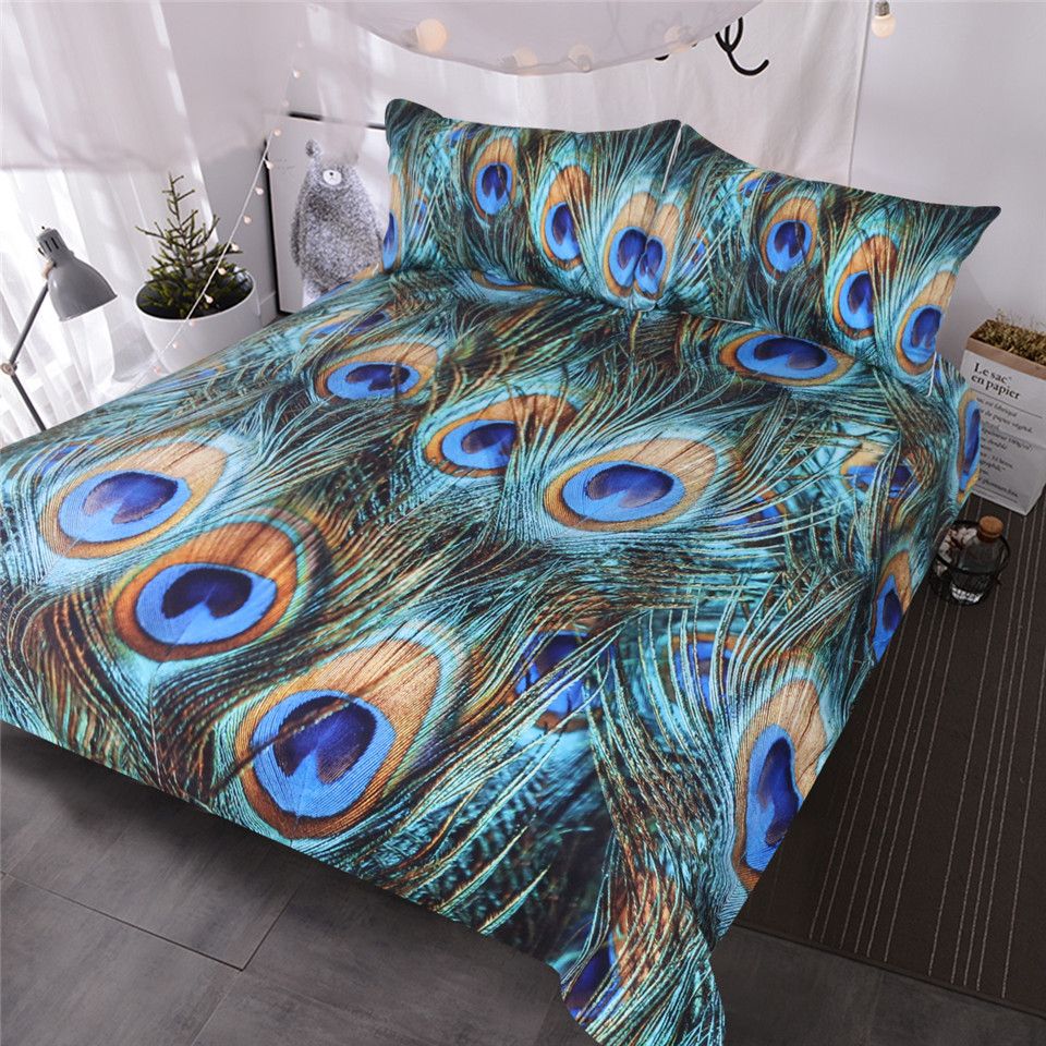 Hm Life Duvet Cover Set Peacock Feather Printed Bed Set Aqua Blue