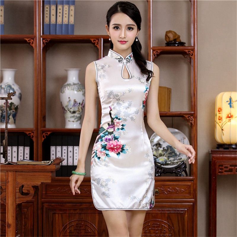 Verano mini cheongsam tradicional sarga china estilo de mujer vestido rayón delgado qipao novedad vestidos