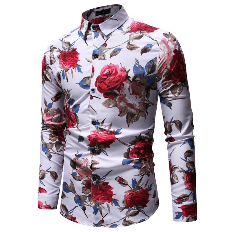 Estampado de flores Camisa de manga larga para hombre Tops Algodón Slim Camisas Hombre Ropa de alta calidad