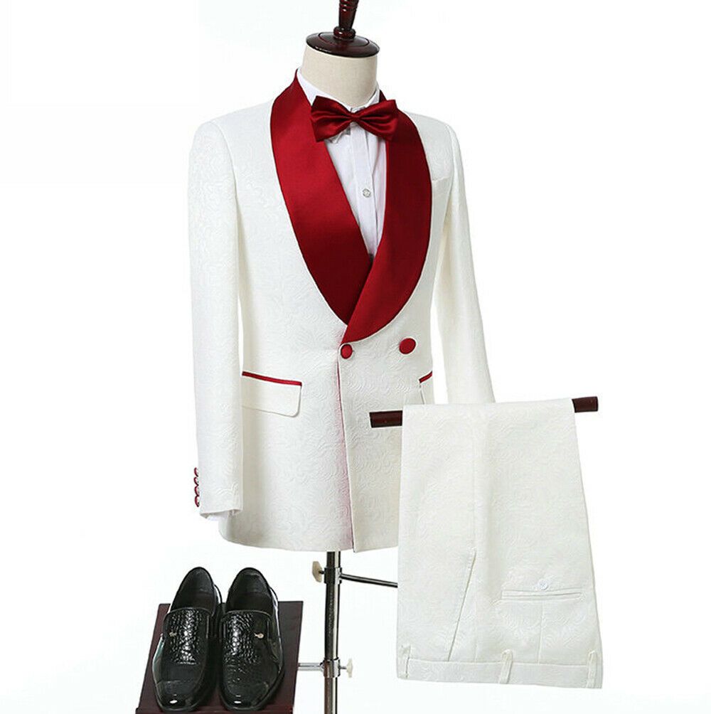 White Printed Formal Men Tuxedos Groom Wedding Suits Red Shawl Lapel Best Man Wear Slim Fit Prom