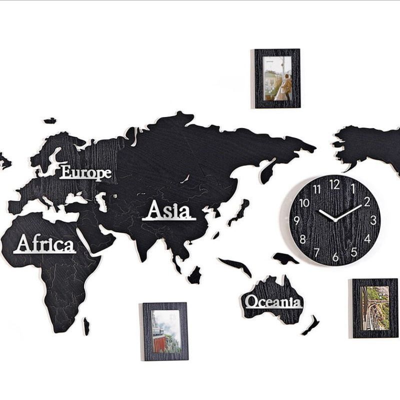 Acheter Créatif En Bois Carte Du Monde Horloge Murale Avec 3 Pièces Cadre Photo Carte 3d Carte Décoratif Home Decor Salon Moderne Style Européen Rond