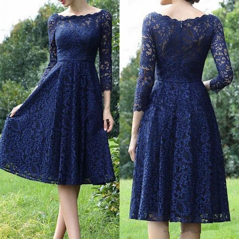 Elegant Knee Length A Line Royal Blue Lace Bridesmaid Dresses Bateau 3/4 Long Sleeves Wedding