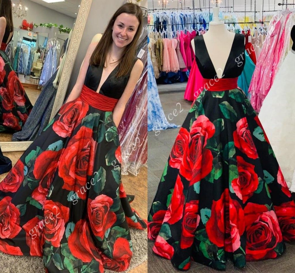 black with red roses prom dress