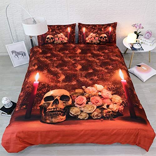 Floral Skull Bedding Pink Flower Duvet Cover Queen Orange