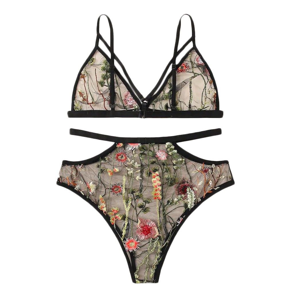 Conjunto De Lencería De Encaje Bordado Floral Con Cuello En Conjunto De Lencería De Encaje Bordado Floral Con Cuello En