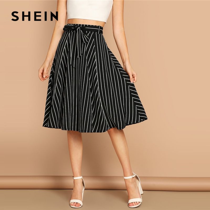 fax esta Pendiente Faldas Shein Boho Boho Blanco y negro Cintura alta Rayado Cinturón Móvil  Una falda Línea Para