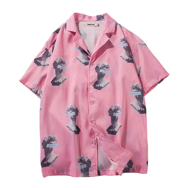 2020 Turn Down Collar Full Printed Pink Shirt Men 2019 Summer
