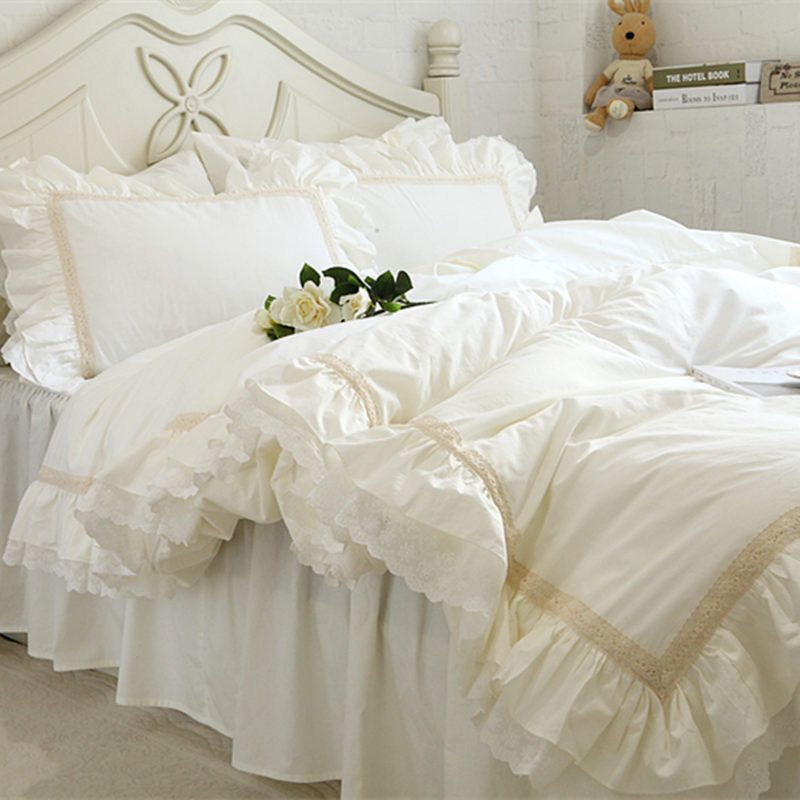 Luxury Embroidery Bedding Set Beige Lace Ruffle Duvet Cover