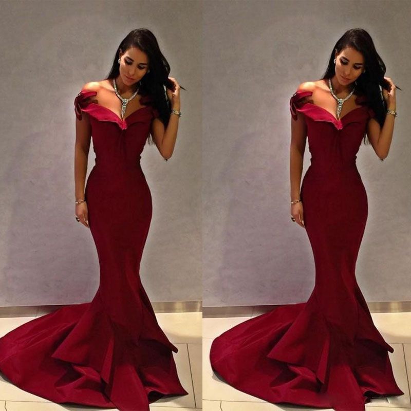 red mermaid prom dress with ruffle bottom