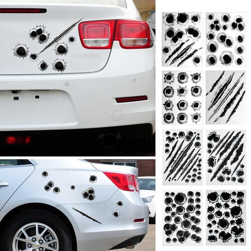 2 Pkgs Fake Car Scratch Decal & Bullet Hole Stickers Joke Prank Trick Lot 
