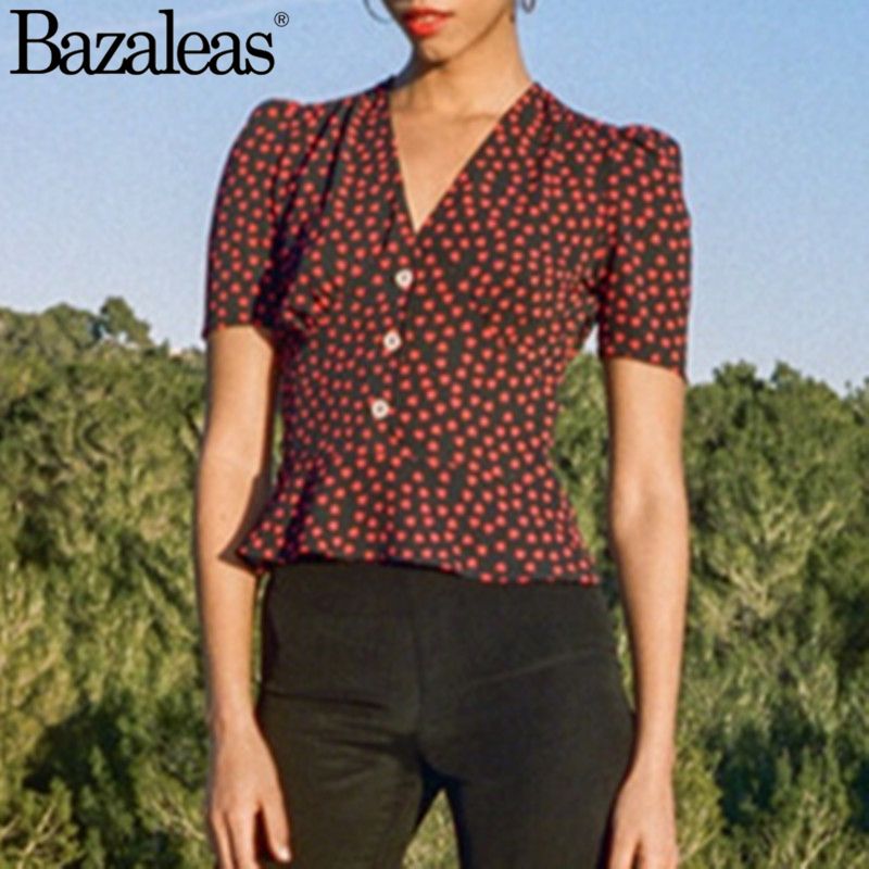 Compre Botones De Blusa De Lunares Rojos 2018 Frente V Cuello De Impresión Costuras Cintura Blusas Y19062501 A 14,4 € Del Qiyuan03 | DHgate.Com