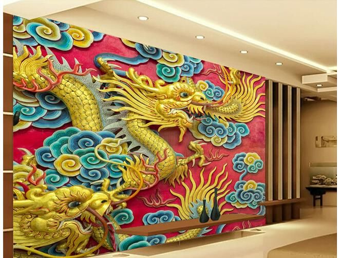 Custom Any Size Photo Hd 3d Golden Dragon Cloud Double Dragon Wall