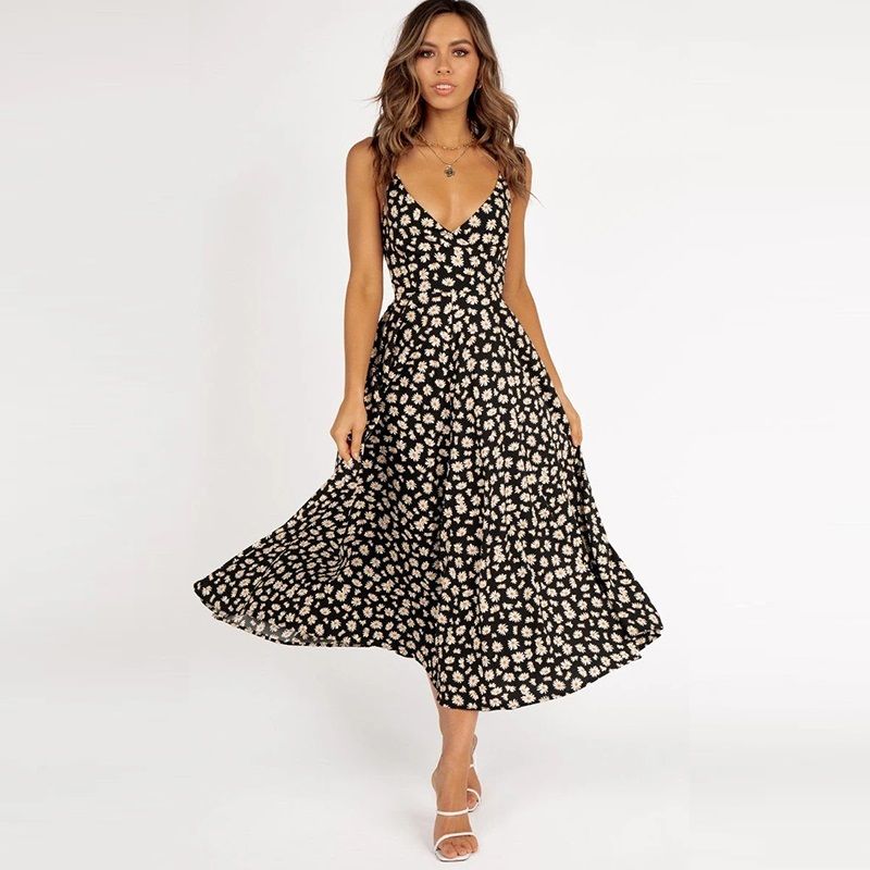 Women Midi Summer Dresses Casual Deep V Neck Spaghetti Strap Daisy