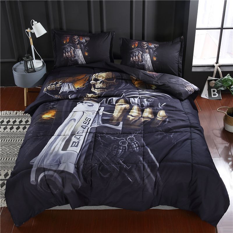 Gothic Skull Plaid Love Quilted Blanket Bedding Set Queen King