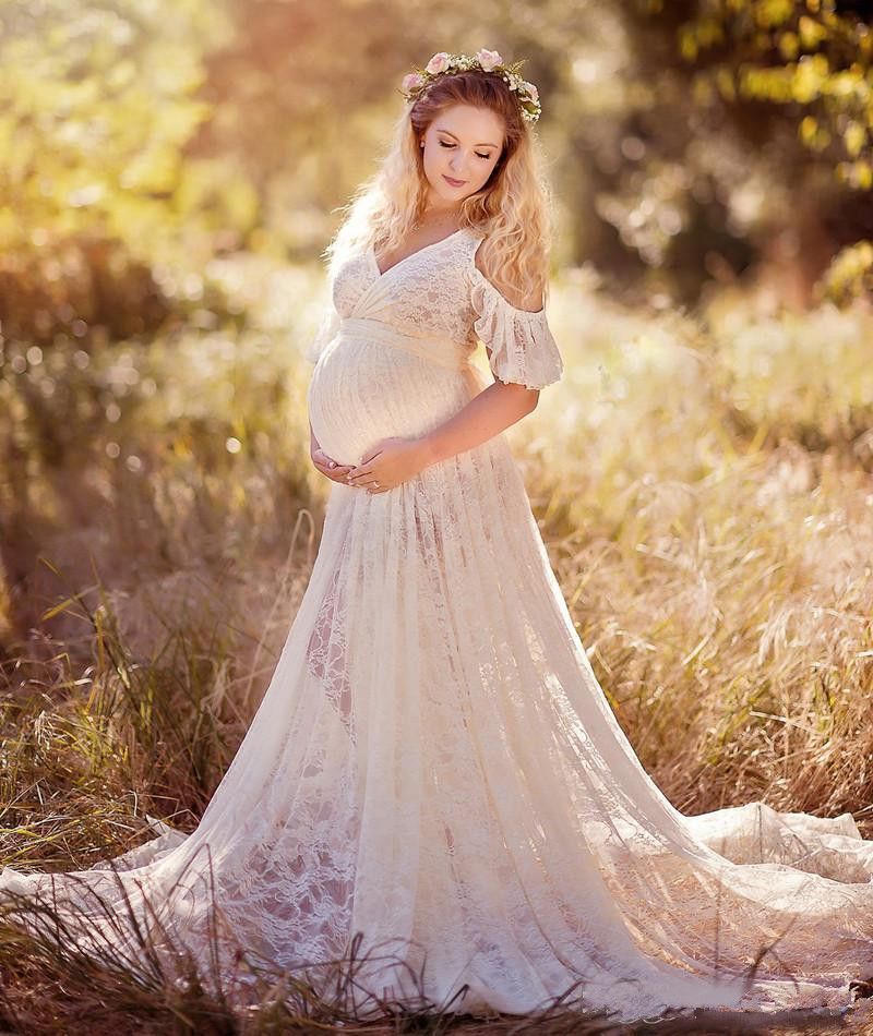 Lace Maternity Dress Pregnant Women Split Sheer Long Train Gown for Photo Shoot