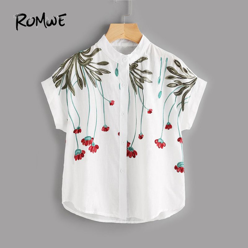 Compre Romwe Estéreo Bordado Batwing Blusa Casual Tops Beige Manga Corta  Bordado Camisa De Verano De Las Mujeres C19041201 A 16,1 € Del Linmei0006 |  Es.Dhgate.Com