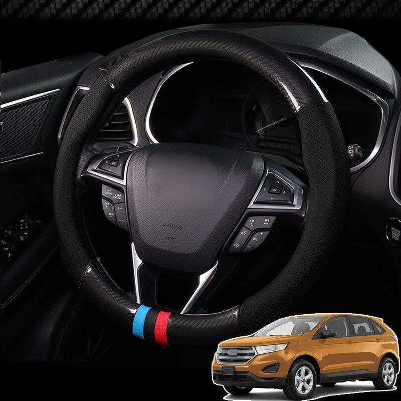 For Ford Edge Steering Wheel Cover Anti Slip Black Carbon Fiber Top PVC