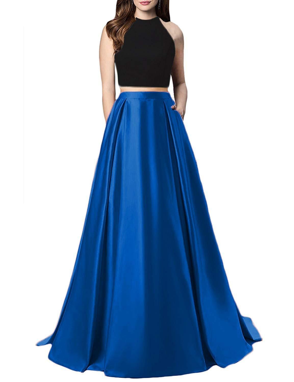 blue and gold two piece prom dress