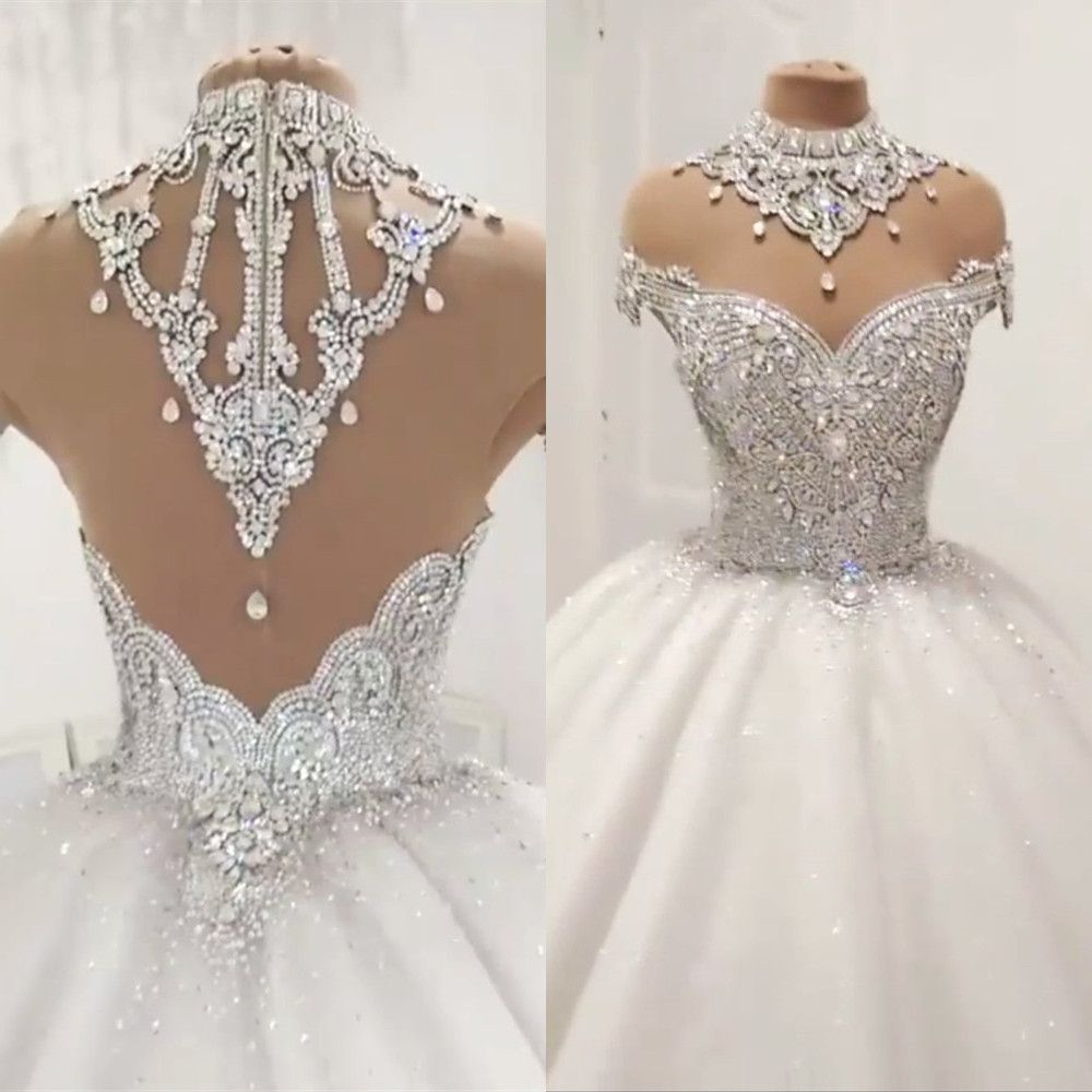 Luxury Ball Gown Wedding Dresses Sheer Cap Sleeves Tulle Diamond
