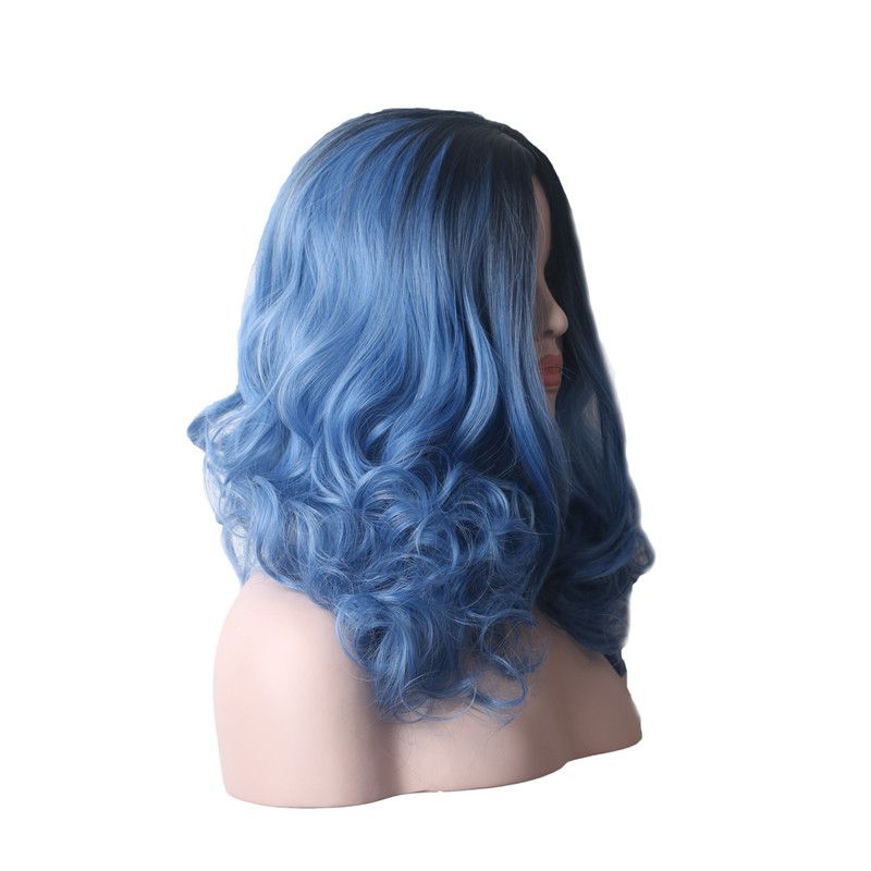 Woodfestival Medium Length Blue Wig Women S Curly Heat Resistant