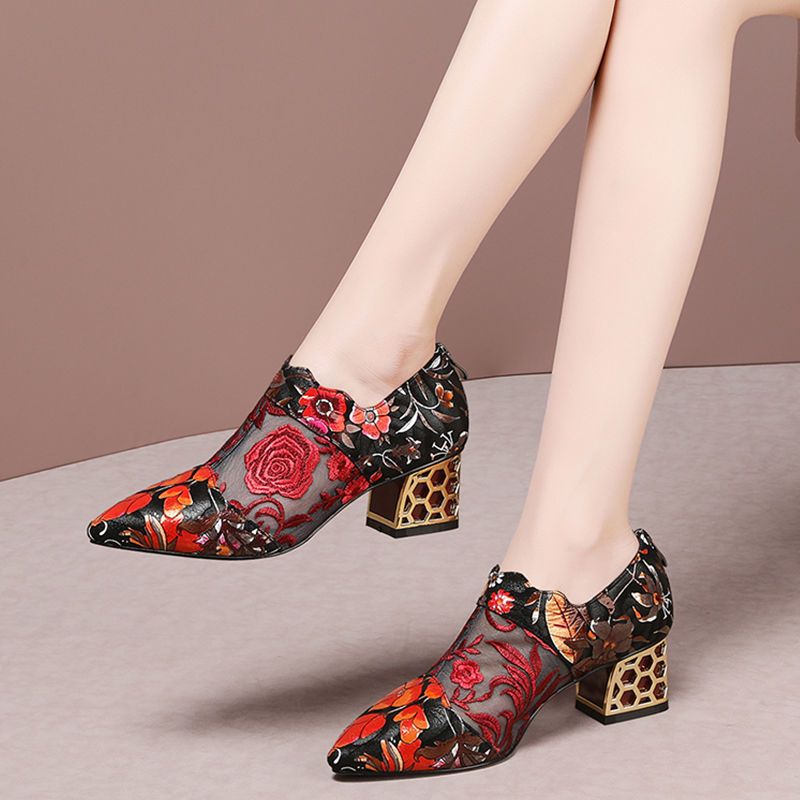Dress Shoes High Heels 2021 Woman Spring/Fall Mesh Pumps Womens Pointed Toe Embroidery Flower 