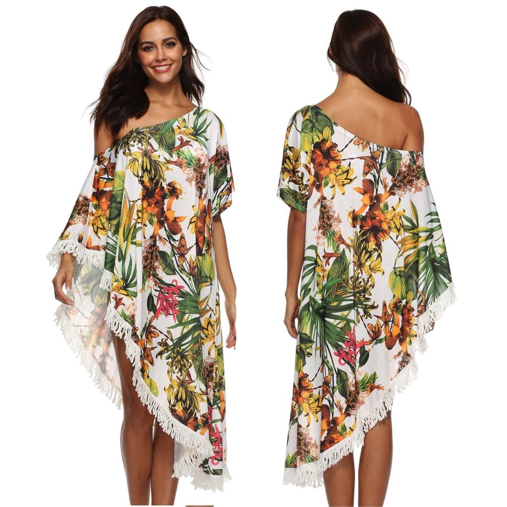 Compre Traje De Baño Cover Up Mujer Verano Túnica Estera De Playa Mujer Ropa De Playa Mujer Traje De Baño 2018 Nueva Planta Flores Impreso Sin Tirantes A 21,18 € Del Amyshop3 | DHgate.Com