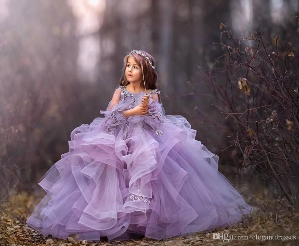 2019 Apliques encaje color lila con flores 3D Vestidos de niñas con flores