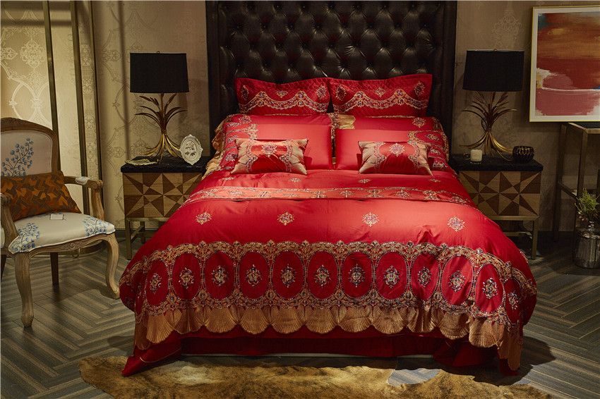 Silk Cotton Red Satin Luxury Wedding Bedding Set Queen King Size