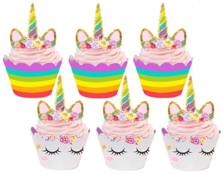 2020 Unicorn Rainbow Cake Toppers Cupcake Wrappers Birthday Party