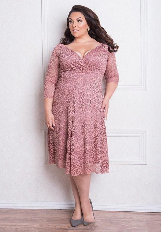 Tea Length Mother of the Bride Dress Plus Size Blush Pink Lace 3/4 Sleeve V