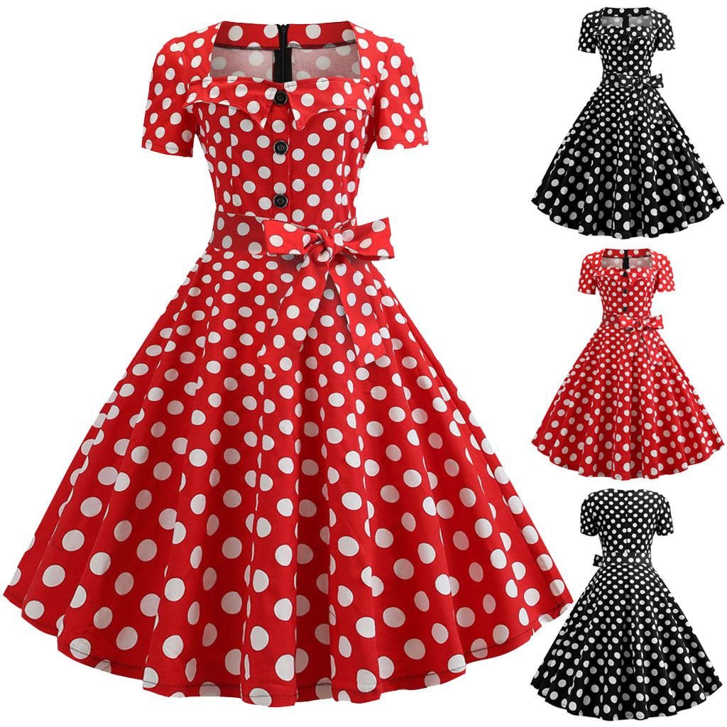 Acheter Femmes Robe Été Vintage Manches Courtes Dot Impression Elégante  Robes Mode Bouton Bandage Bow Party Prom Swing Dress Robes De 14,84 € Du  Stylefisher | Fr.DHgate.Com