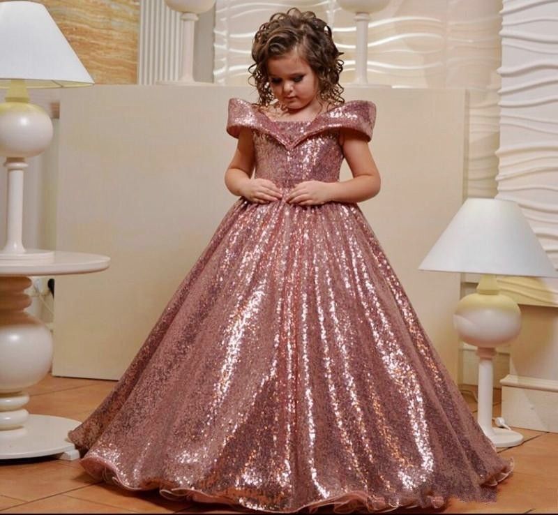 Rose Gold Sequins Flower Girls Dresses For Wedding Off The Shoulder Cap