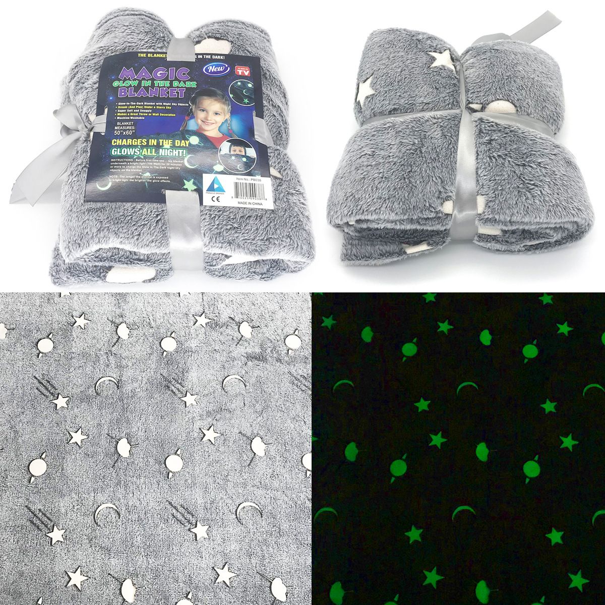 Magic Glow In The Dark Fleece Blanket Throw Grey Stars / Moon New Plush
