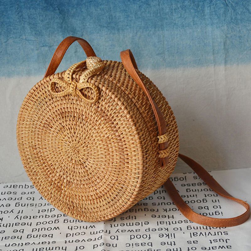 Bolsa cruzada para mujer redonda Circular Bohemia mimbre paja tejida cesta de playa de verano bolso de mensajero 