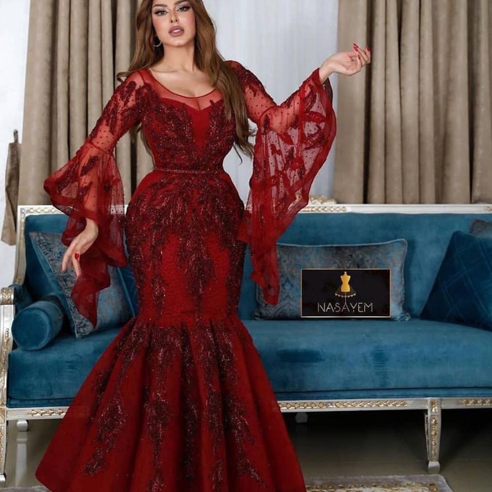 Dark Red Prom Dress Long Sleeve Crew 