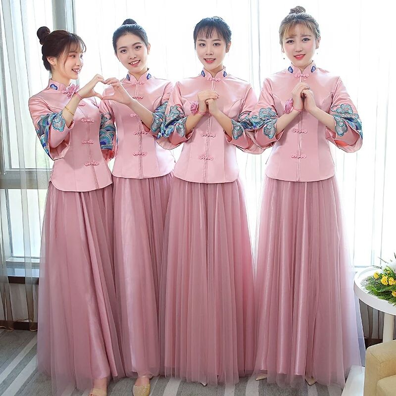 Chinese Bridesmaid Dress 2018 Winter New Collared Pink Bridesmaid Group Bride Wedding Long Sister Skirt Show Thin Female Lilac Bridesmaid Dresses