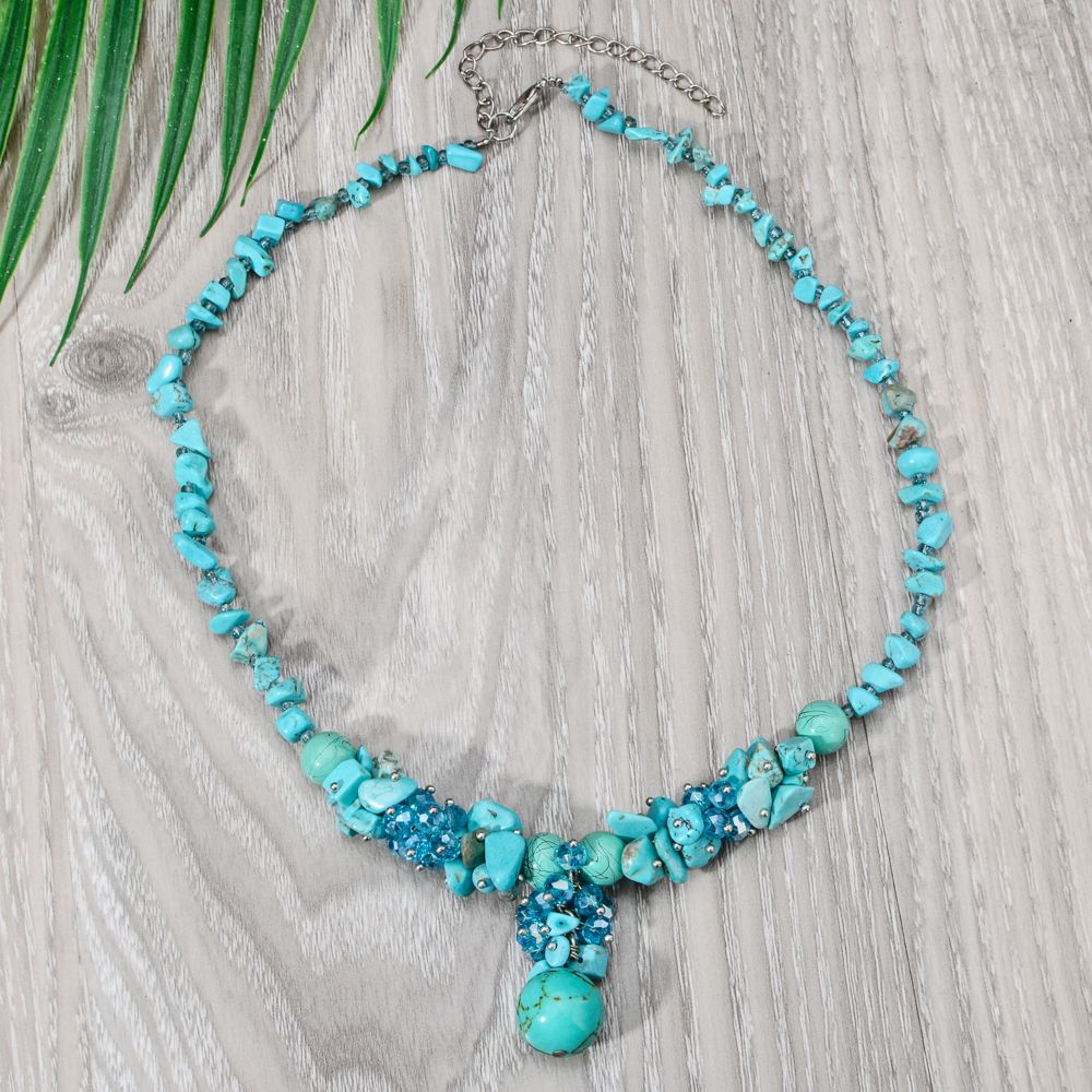 Women Black Faux Leather Fashion Jewelry Choker Necklace Turquoise Blue Beads