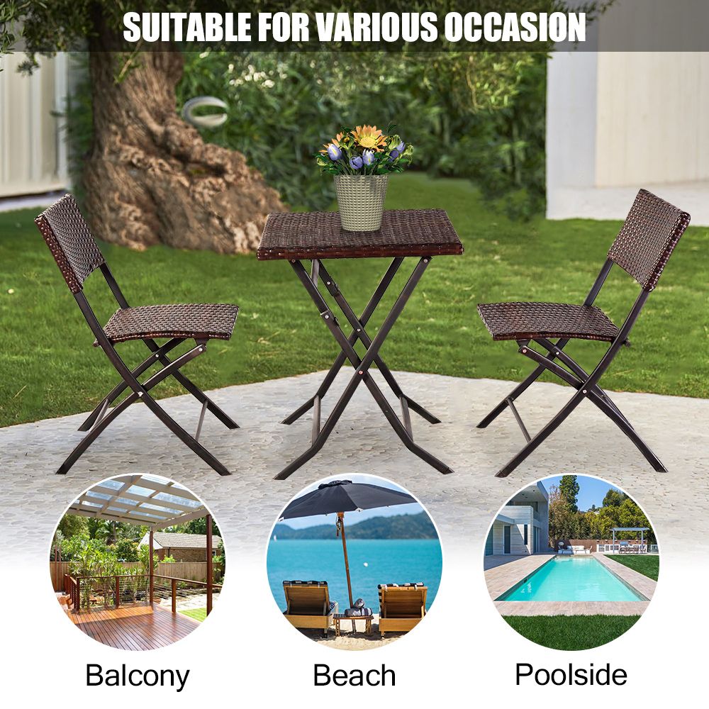 2020 WACO Outdoor Patio Folding Rattan Chairs Set With Square Coffee Table, Garden Balcony Patio