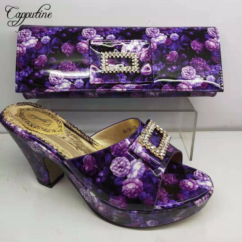 purple sandals and matching bag