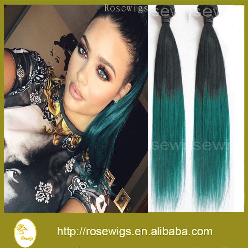 Virgin Hair Straight Ombre Hair Extensions 1b Teal Two Tone Human