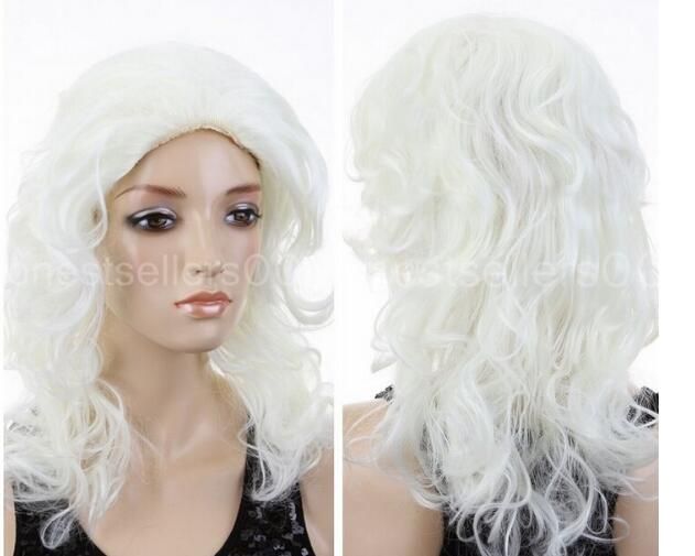 Women Men Long Curly White Hair Cosplay Wigs Fancy Party