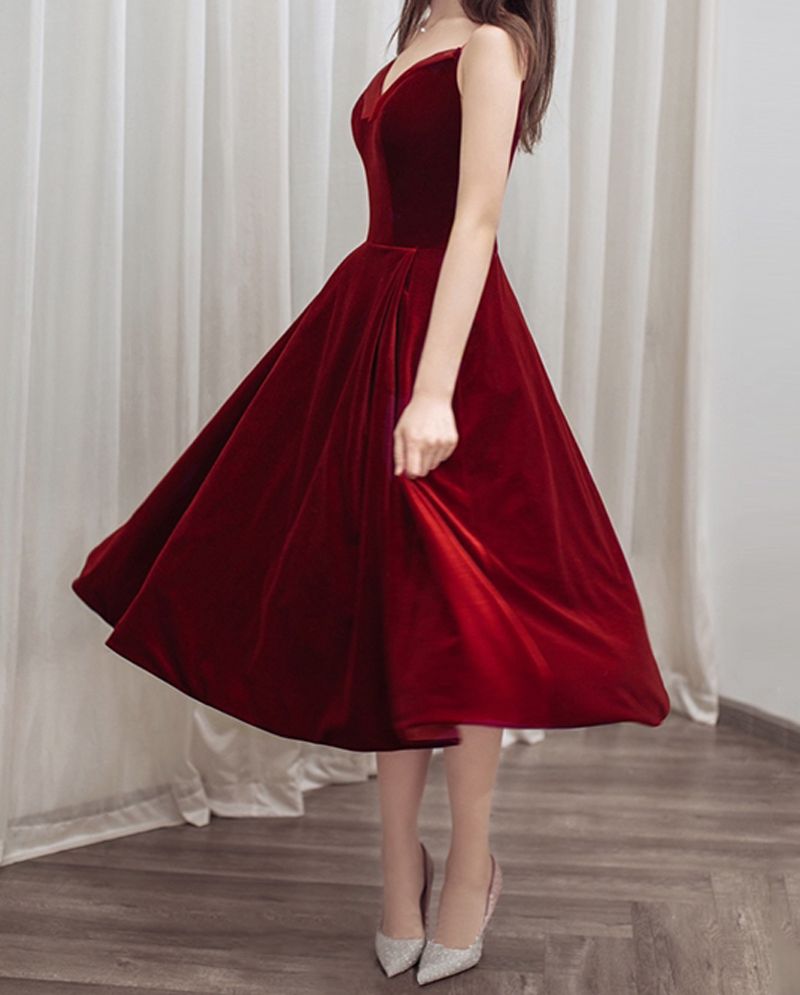 Sexy Velvet Prom Dress Dark Red Tea Length Evening Dress Spaghetti ...