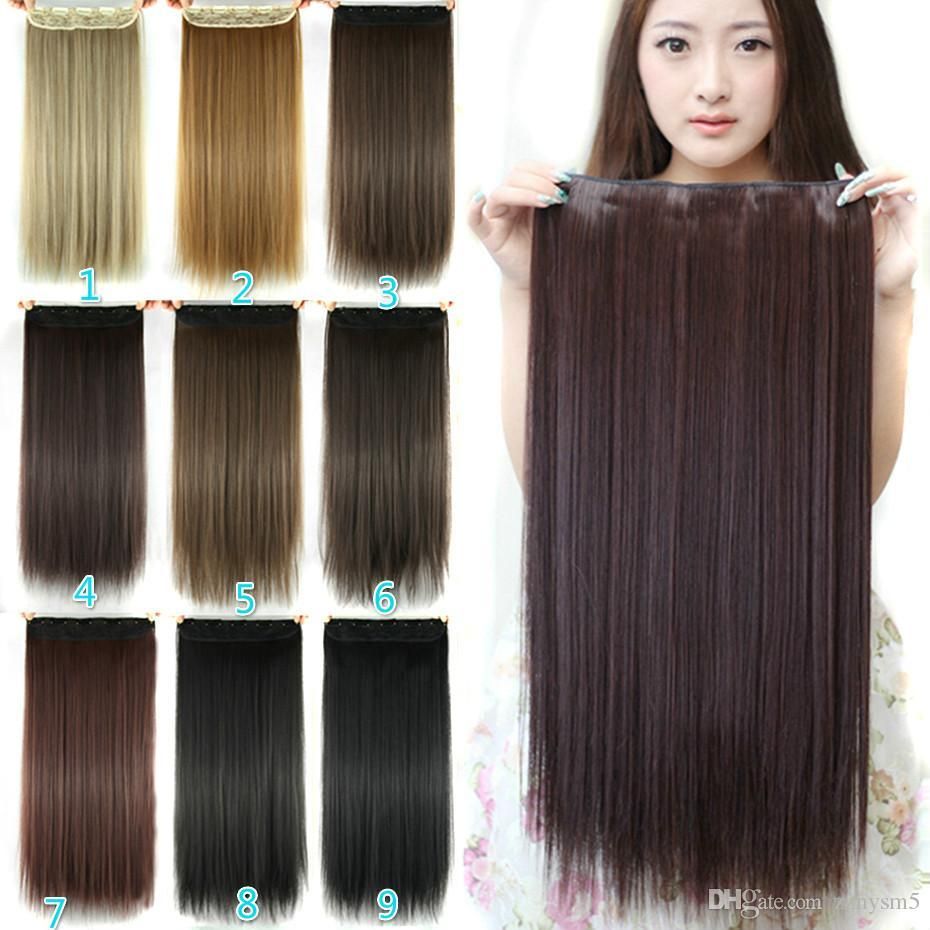 60cm Long Straight Women Clip In Hair Extensions Black Brown High