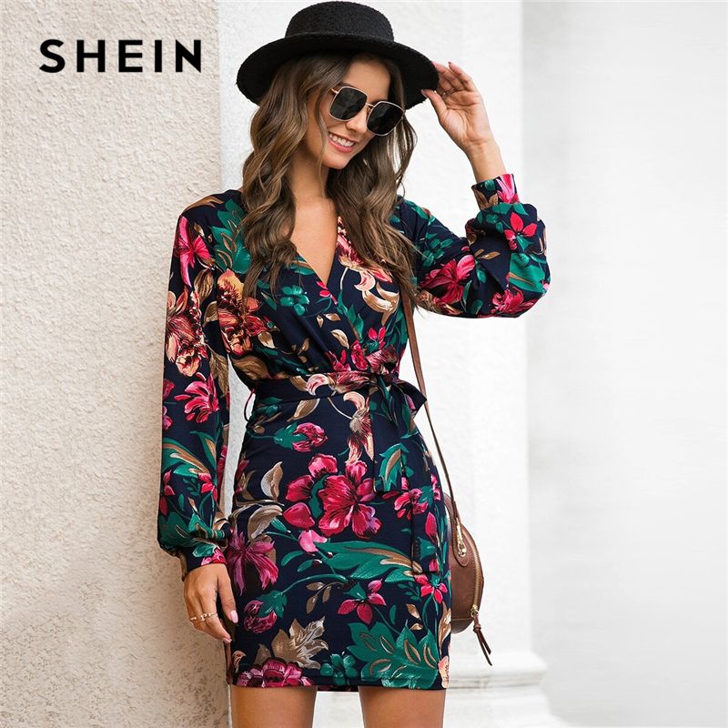 shein v neck floral print dress