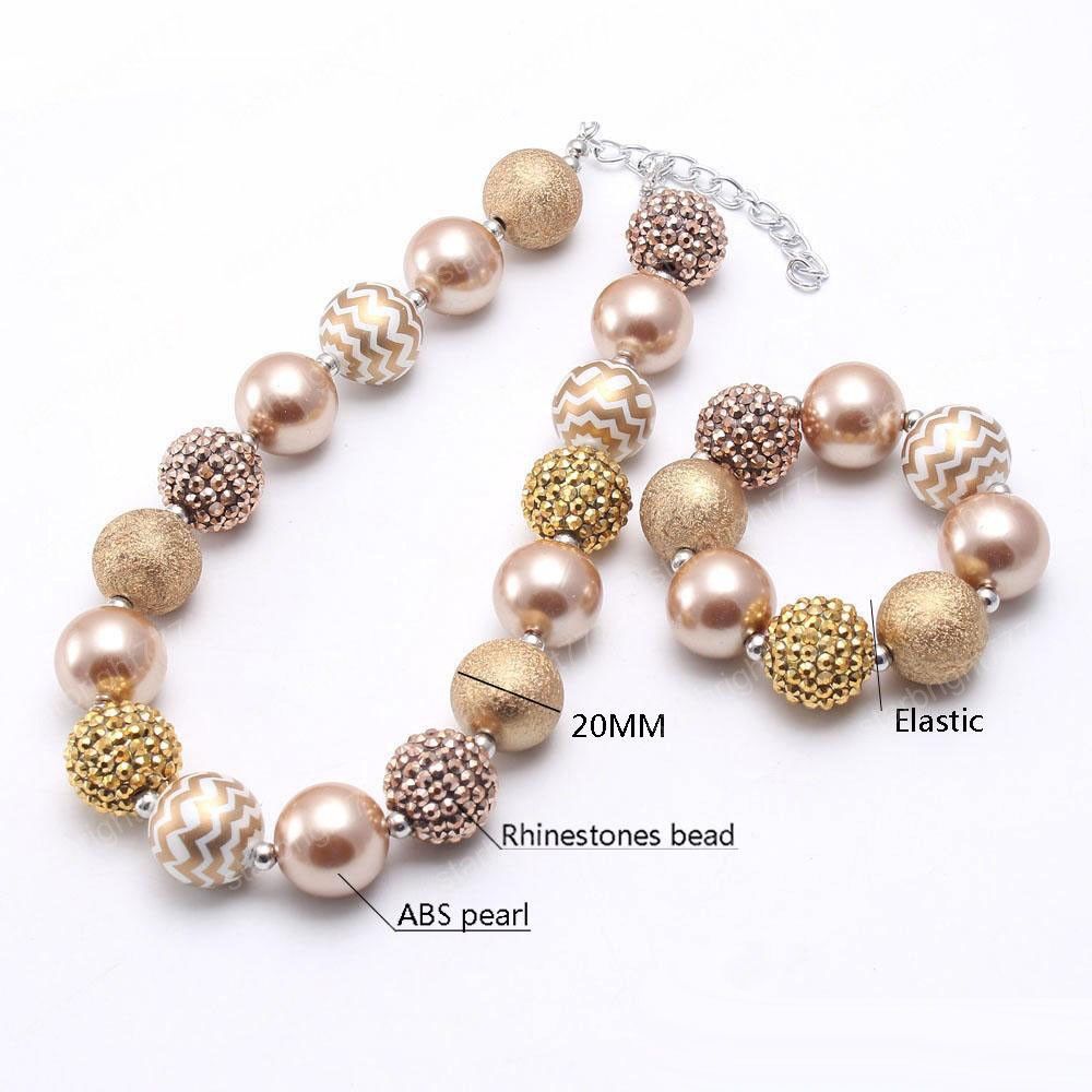 Gold Color Stripe Beads Baby Kid Chunky Necklace&Bracelet Set Fashion