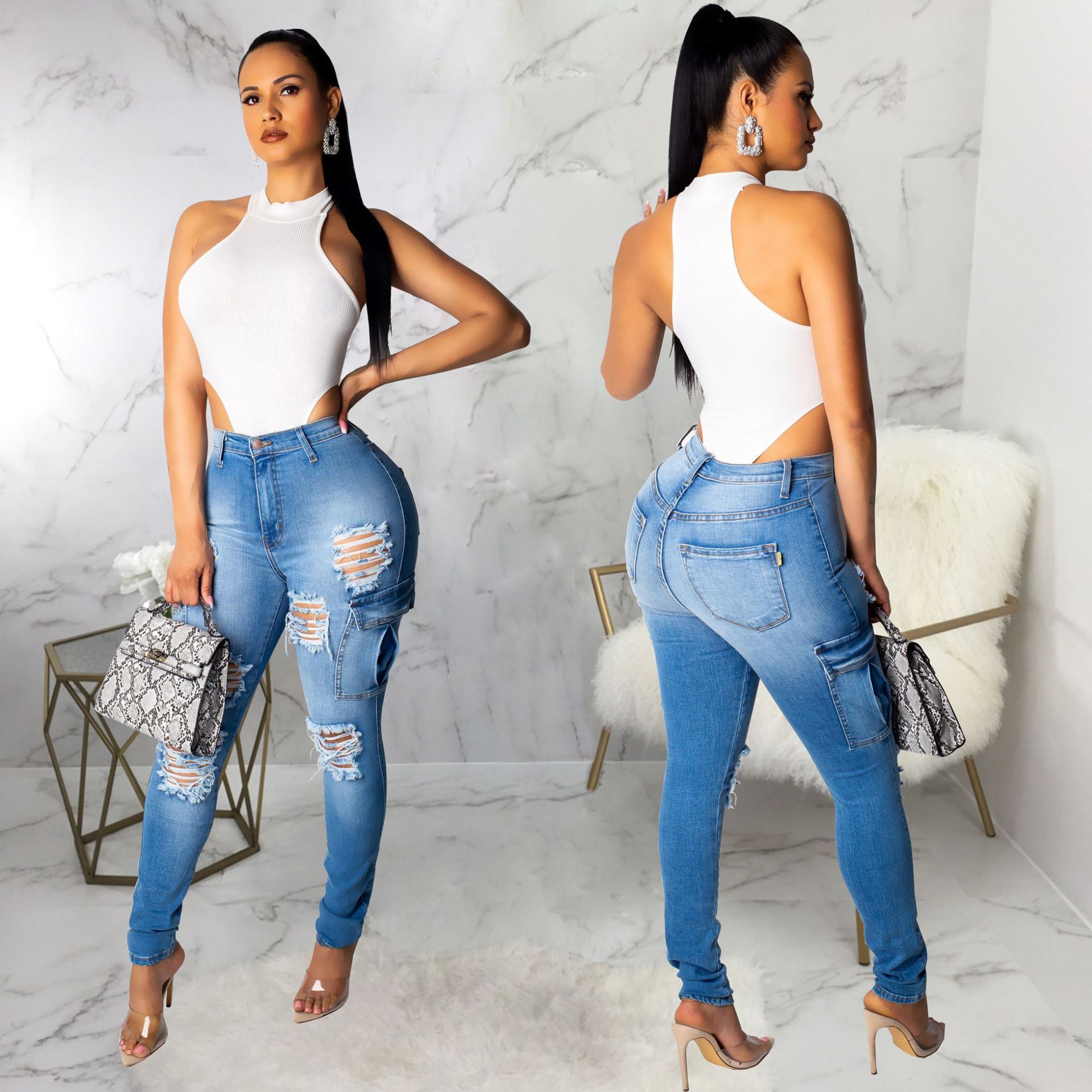 skinny girl in high waisted jeans