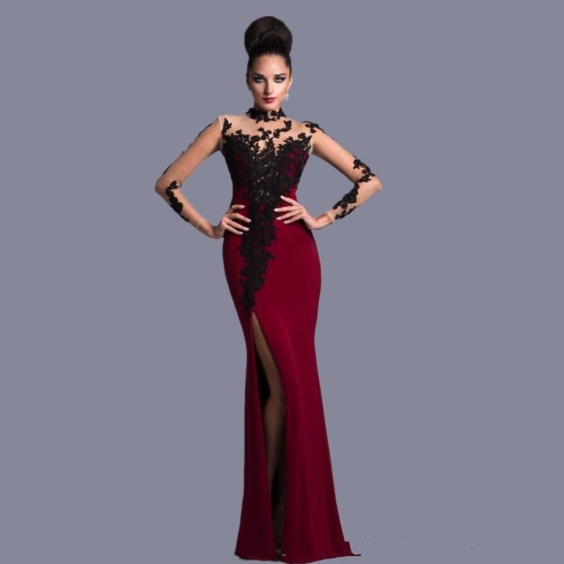 Nuevo cuello alto recto elegante burdeos y negro con mangas largas de encaje vestidos formales vestidos Nuevo cuello alto recto elegante burdeos y negro con mangas largas de encaje vestidos formales vestidos