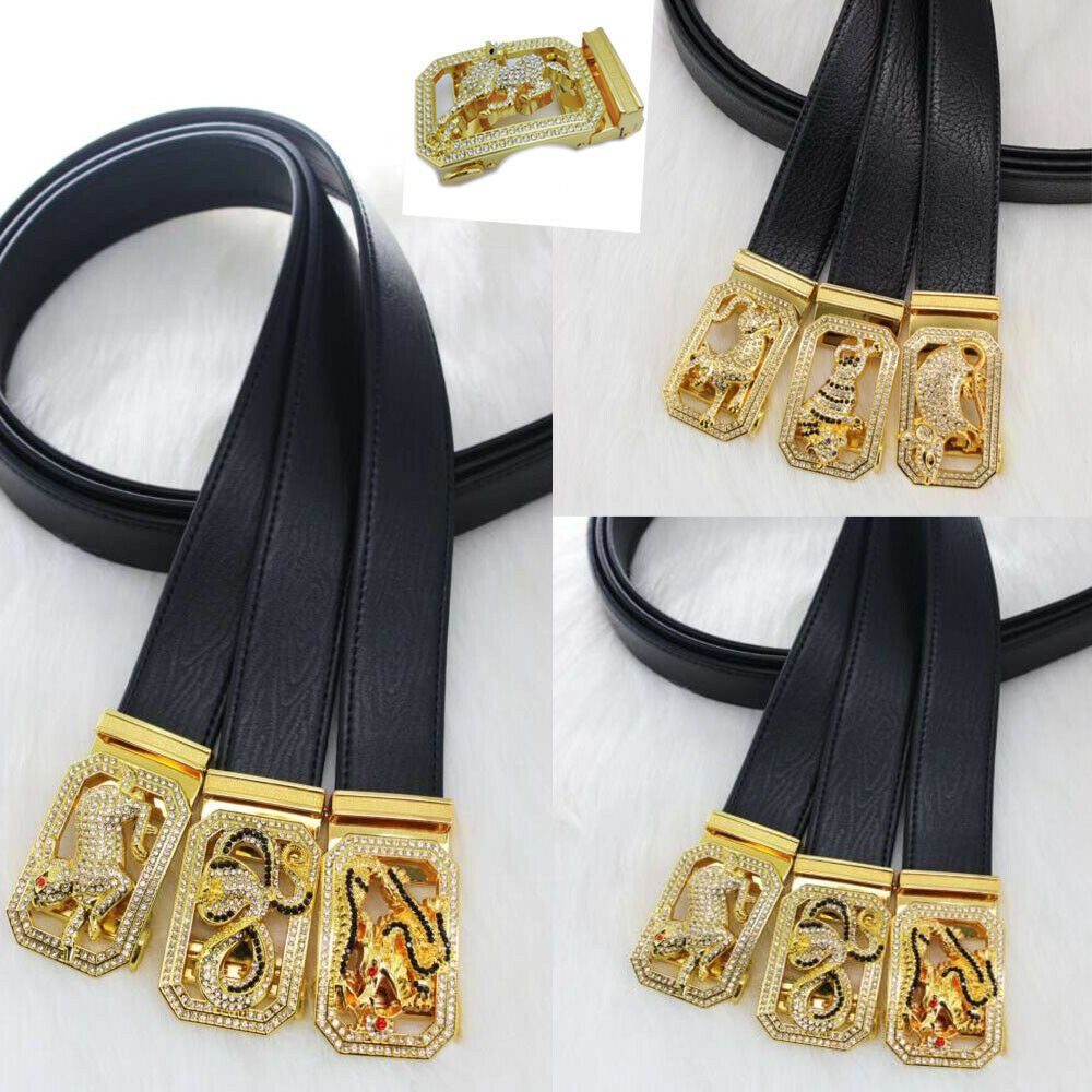 Mens Black Leather Ratchet Belt Automatic Buckle Strap Waistband Waist Jewelry